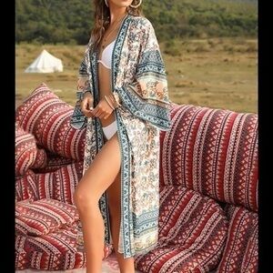 Boho Floral Tribal Print Long Kimono Robe Duster & Self Tie NEW